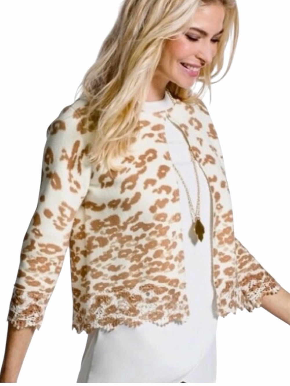 Chico’s Charlee Animal Print Knit Cardigan Sweater Size 3/XL Lace Trim Cotton